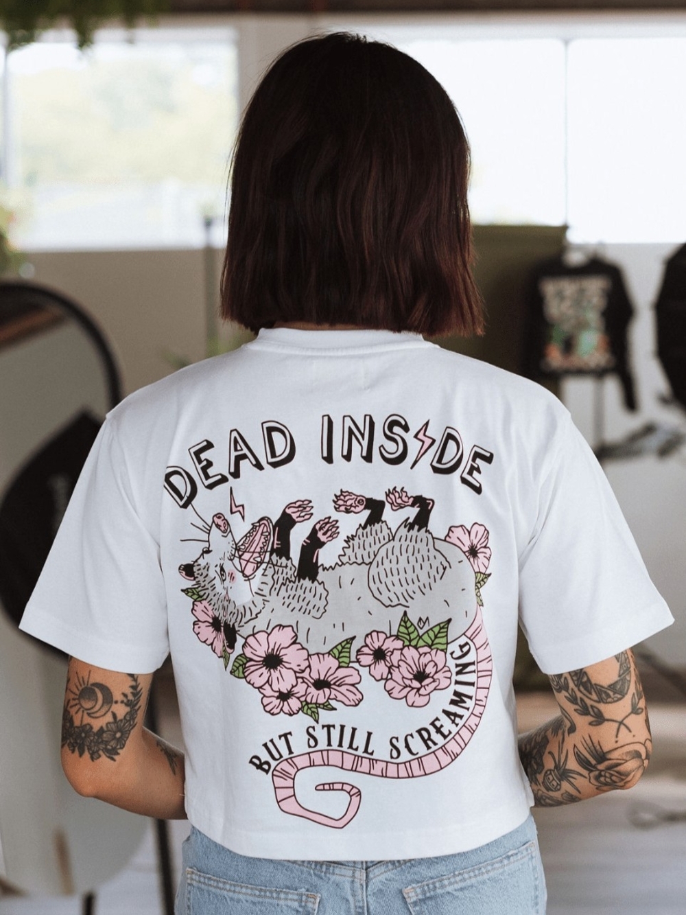 OCTOPIED MIND Dead Inside Graphic Tee - White with Pink and Black Print